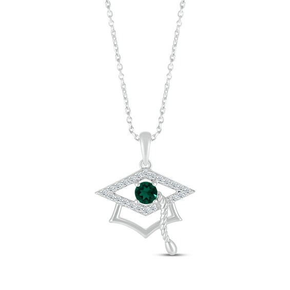Round-Cut Lab-Created Emerald & Round White Lab-Created Sapphire Graduation Cap Necklace Sterling Silver 18”