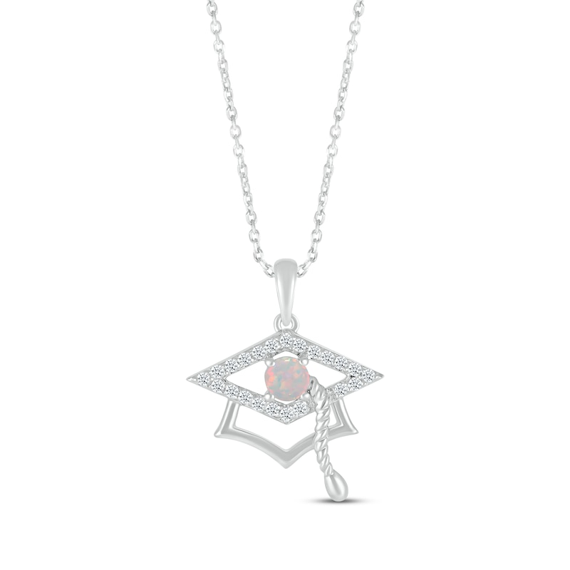 Main Image 1 of Round-Cut Lab-Created Opal & Round White Lab-Created Sapphire Graduation Cap Necklace Sterling Silver 18”