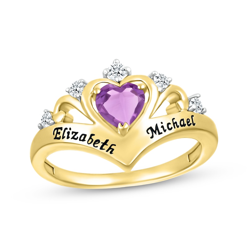Main Image 1 of Heart-Shaped Amethyst & Round-Cut White Lab-Created Sapphire Heart Chevron Ring 10K Yellow Gold