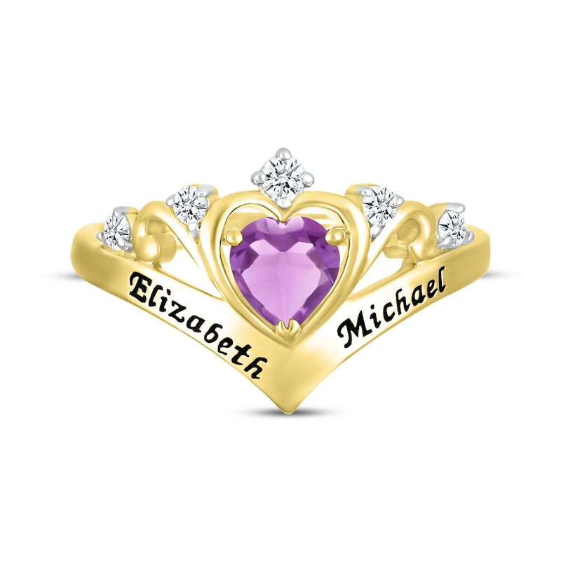 Main Image 3 of Heart-Shaped Amethyst & Round-Cut White Lab-Created Sapphire Heart Chevron Ring 10K Yellow Gold