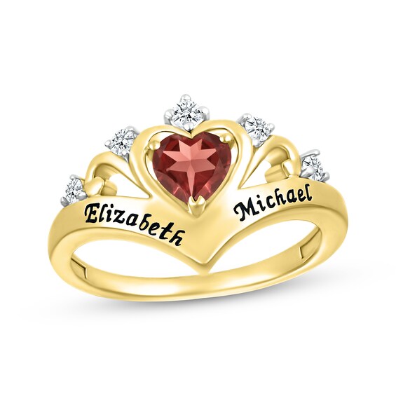 Heart-Shaped Garnet & Round-Cut White Lab-Created Sapphire Heart Chevron Ring 10K Yellow Gold
