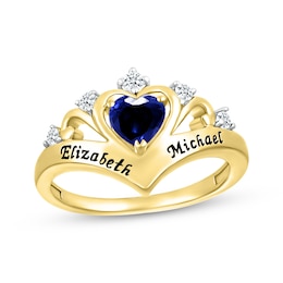 Heart-Shaped Blue Lab-Created Sapphire & Round-Cut White Lab-Created Sapphire Heart Chevron Ring 10K Yellow Gold