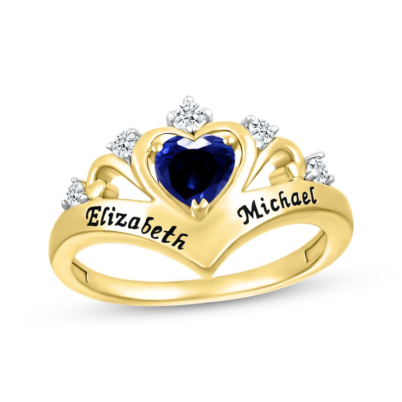 Main Image 1 of Heart-Shaped Blue Lab-Created Sapphire & Round-Cut White Lab-Created Sapphire Heart Chevron Ring 10K Yellow Gold