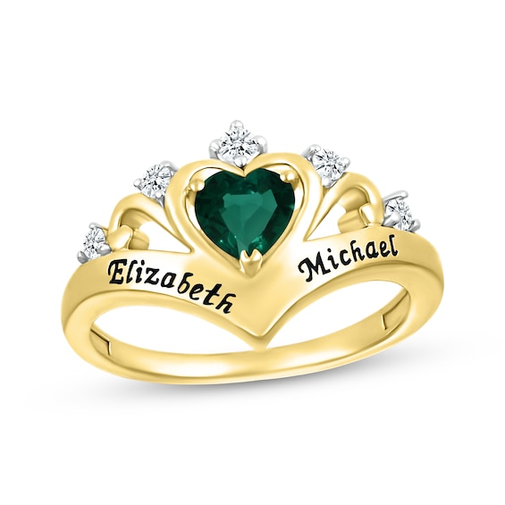 Heart-Shaped Lab-Created Emerald & Round-Cut White Lab-Created Sapphire Heart Chevron Ring 10K Yellow Gold