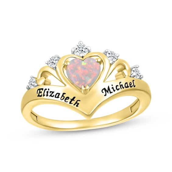Heart-Shaped Lab-Created Opal & Round-Cut White Lab-Created Sapphire Heart Chevron Ring 10K Yellow Gold