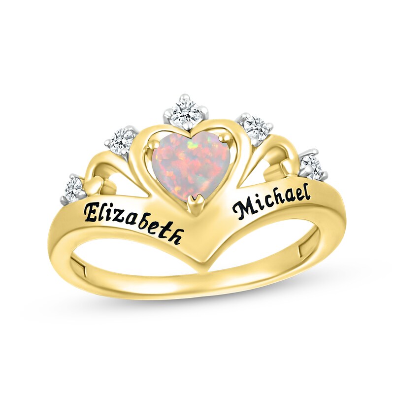 Main Image 1 of Heart-Shaped Lab-Created Opal & Round-Cut White Lab-Created Sapphire Heart Chevron Ring 10K Yellow Gold