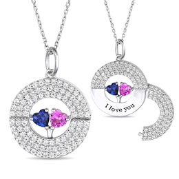 White Lab-Created Sapphire and Birthstone Couple's Hidden Message Necklace (2 Stones and 1 Line)