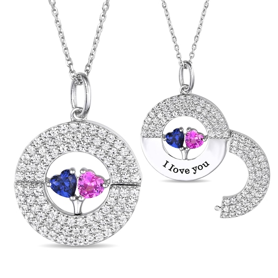 White Lab-Created Sapphire and Birthstone Couple's Hidden Message Necklace (2 Stones 1 Line)