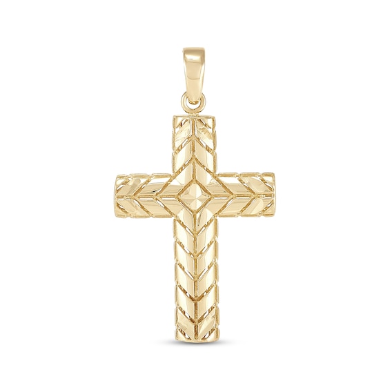 Men's Chevron Pattern Engraved Cross Charm 14K Yellow Gold