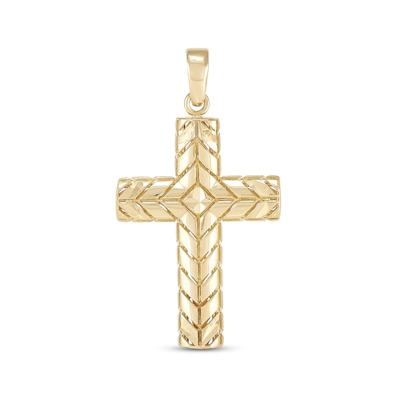 Men's Chevron Pattern Engraved Cross Charm 14K Yellow Gold