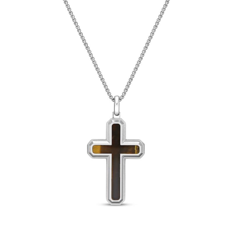 Main Image 1 of Men's Tiger's Eye Cross Necklace Stainless Steel 24"