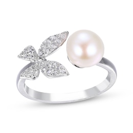 Cultured Pearl & Round-Cut White Lab-Created Sapphire Butterfly Deconstructed Ring Sterling Silver