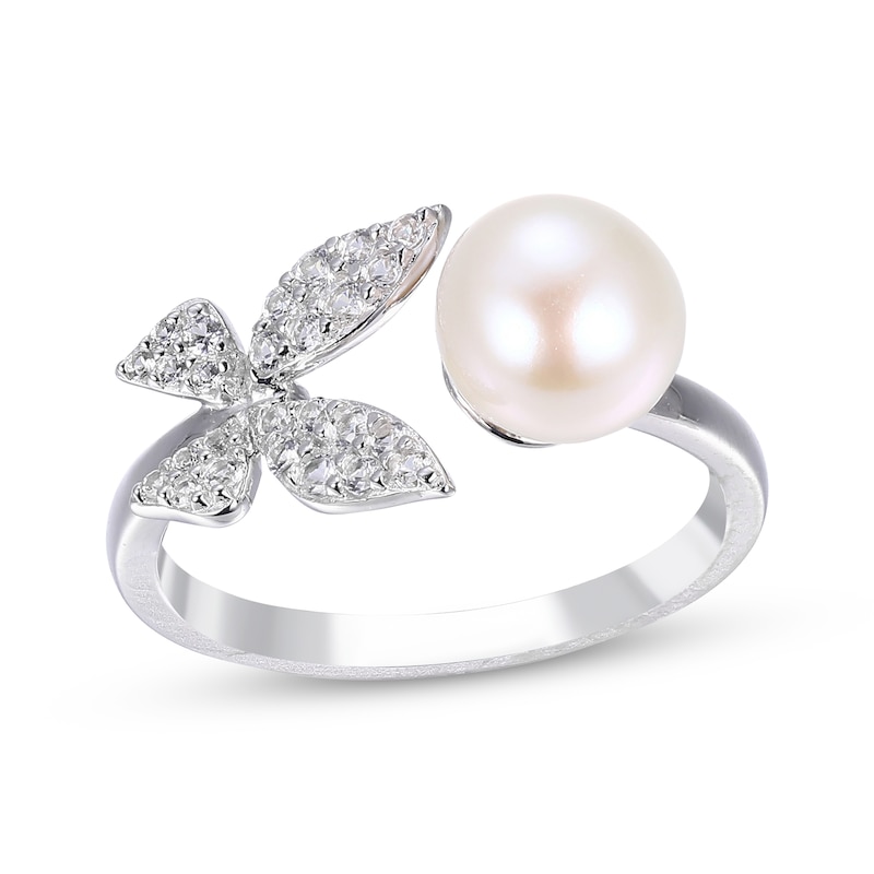 Main Image 1 of Cultured Pearl & Round-Cut White Lab-Created Sapphire Butterfly Deconstructed Ring Sterling Silver