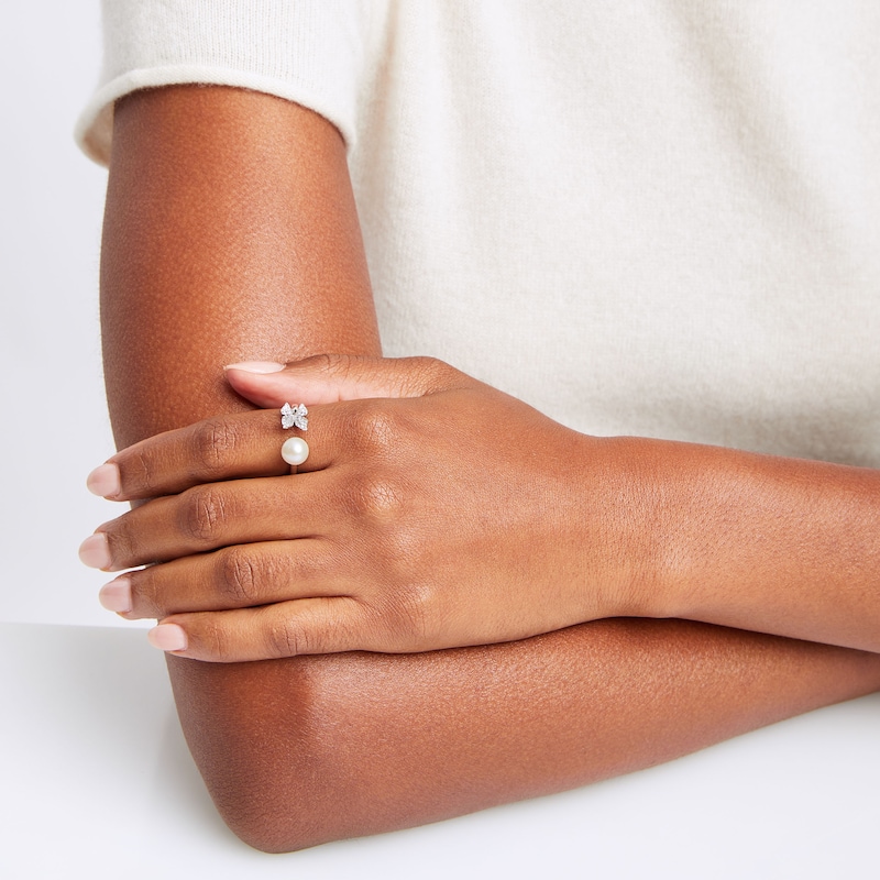 Main Image 4 of Cultured Pearl & Round-Cut White Lab-Created Sapphire Butterfly Deconstructed Ring Sterling Silver