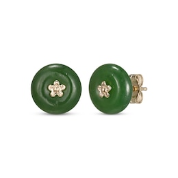 Jade Button Flower Stud Earrings 14K Yellow Gold