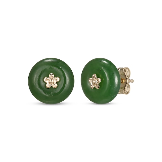 Jade Button Flower Stud Earrings 14K Yellow Gold
