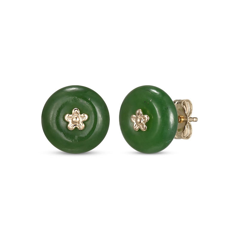 Main Image 1 of Jade Button Flower Stud Earrings 14K Yellow Gold