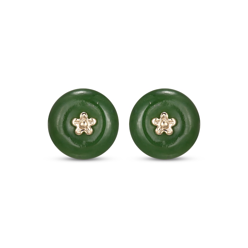Main Image 2 of Jade Button Flower Stud Earrings 14K Yellow Gold