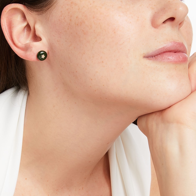 Main Image 4 of Jade Button Flower Stud Earrings 14K Yellow Gold