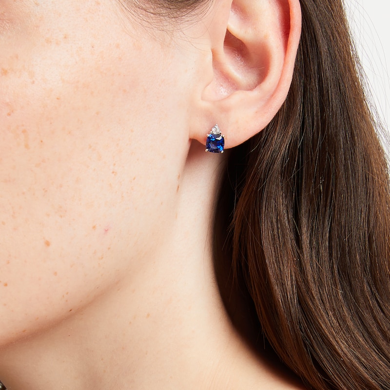 Main Image 4 of Cushion-Cut Blue Lab-Created Sapphire & White Lab-Created Sapphire Stud Earrings Sterling Silver