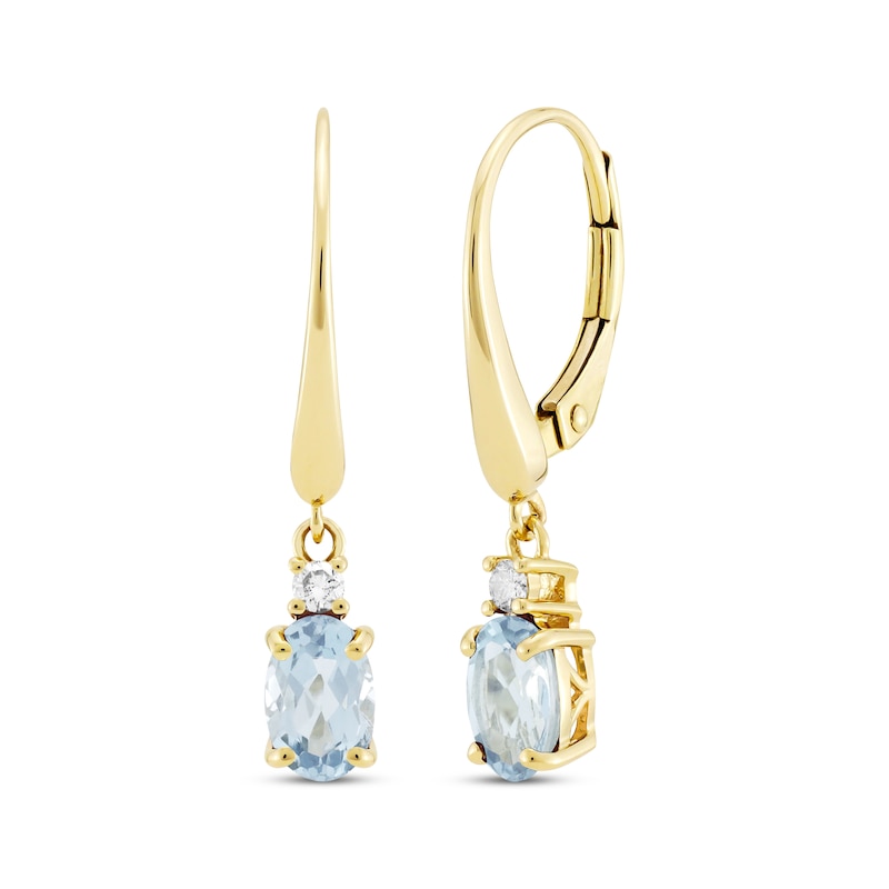 Main Image 1 of Oval-Cut Aquamarine & Diamond Dangle Earrings 1/20 ct tw 10K Yellow Gold