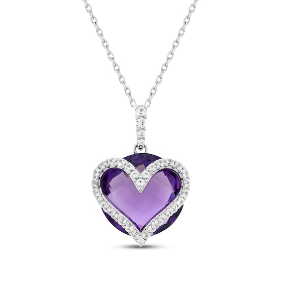 Amethyst & White Lab-Created Sapphire Heart Overlay Necklace Sterling Silver 18"