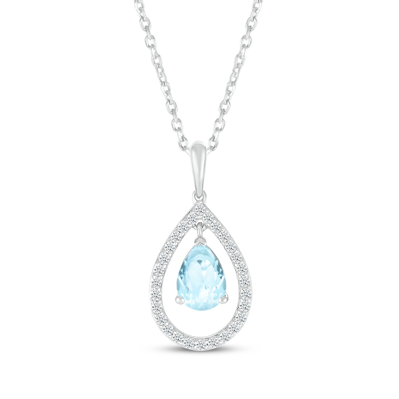 Main Image 1 of Pear-Shaped Aquamarine & Diamond Halo Necklace 1/6 ct tw 10K White Gold 18"