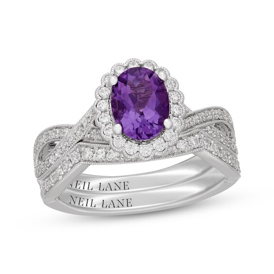 Neil Lane Oval-Cut Amethyst & Diamond Scalloped Halo Bridal Set 5/8 ct tw 14K White Gold