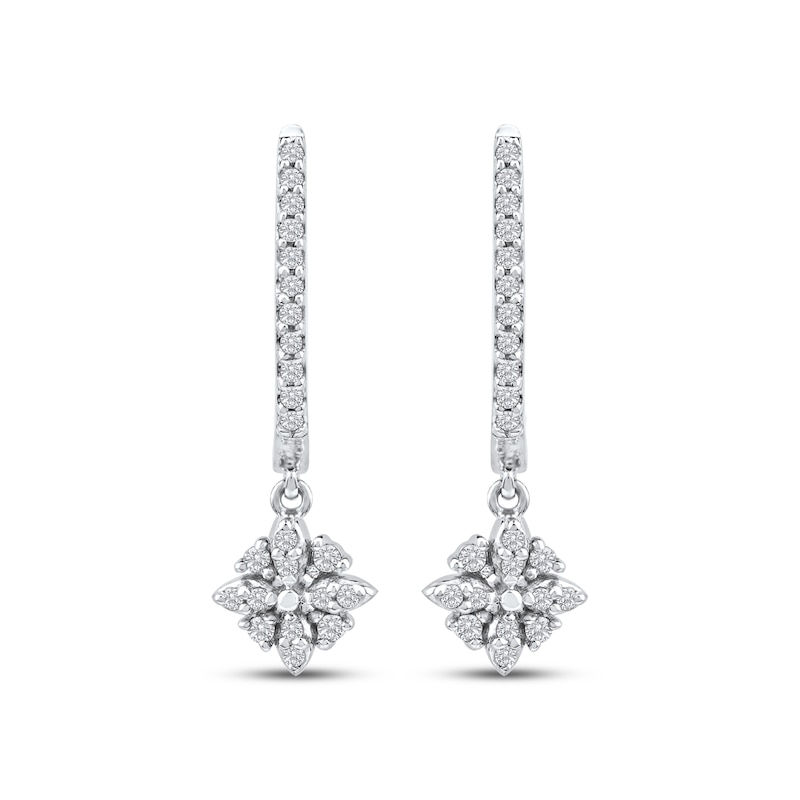 Main Image 2 of Diamond Flower Dangle Hoop Earrings 1/6 ct tw 10K White Gold