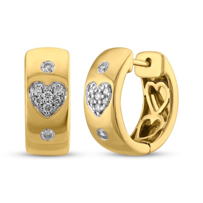 Main Image 1 of Multi-Diamond Heart Huggie Hoop Earrings 1/4 ct tw 10K Yellow Gold