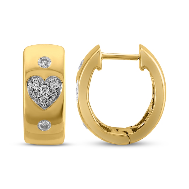 Main Image 3 of Multi-Diamond Heart Huggie Hoop Earrings 1/4 ct tw 10K Yellow Gold