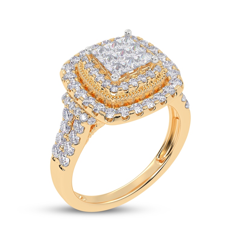Main Image 2 of Now + Forever Princess-Cut Multi-Diamond Double Halo Engagement Ring 1 ct tw 10K Yellow Gold