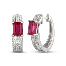 Emerald-Cut Lab-Created Ruby & White Lab-Created Sapphire Huggie Hoop Earrings Sterling Silver