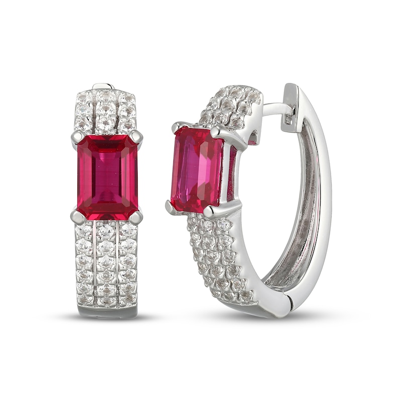 Main Image 1 of Emerald-Cut Lab-Created Ruby & White Lab-Created Sapphire Huggie Hoop Earrings Sterling Silver