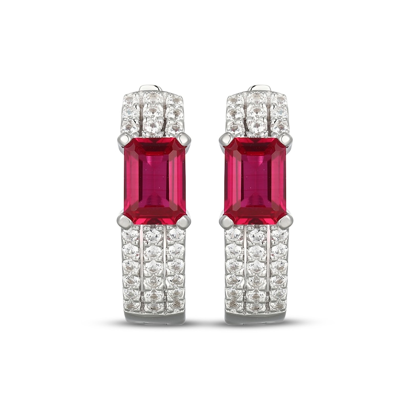 Main Image 2 of Emerald-Cut Lab-Created Ruby & White Lab-Created Sapphire Huggie Hoop Earrings Sterling Silver