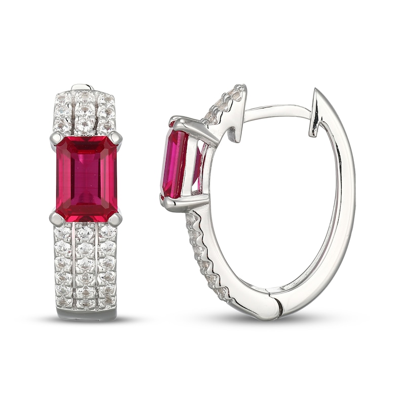 Main Image 3 of Emerald-Cut Lab-Created Ruby & White Lab-Created Sapphire Huggie Hoop Earrings Sterling Silver