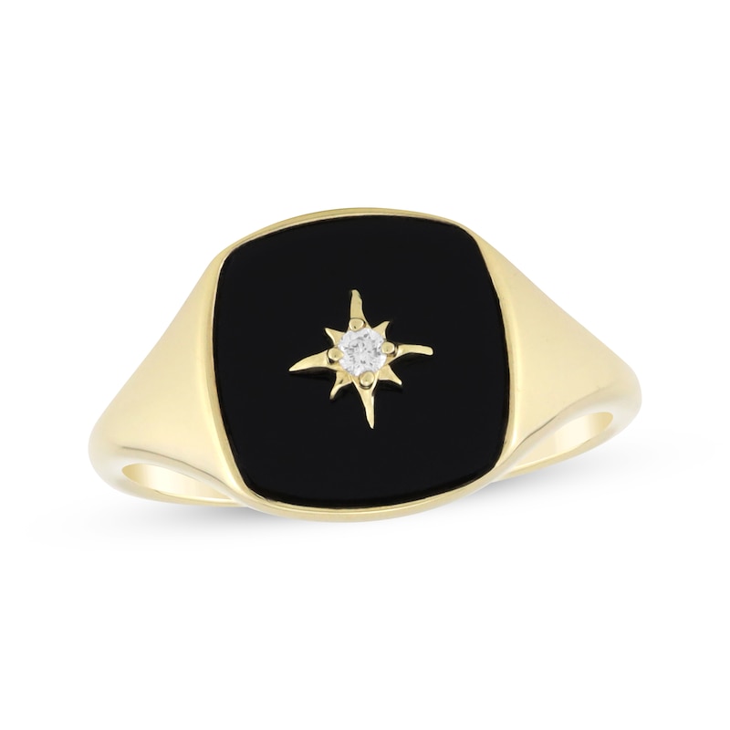 Main Image 1 of Cushion-Cut Black Onyx & Diamond Accent Star Signet Ring 10K Yellow Gold