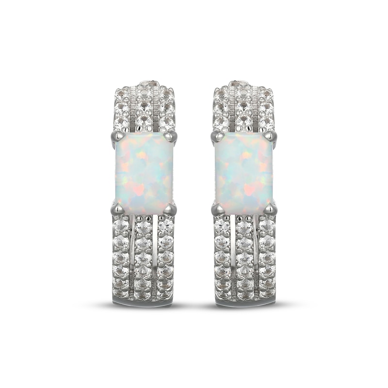 Main Image 2 of Emerald-Cut Lab-Created Opal & White Lab-Created Sapphire Huggie Hoop Earrings Sterling Silver
