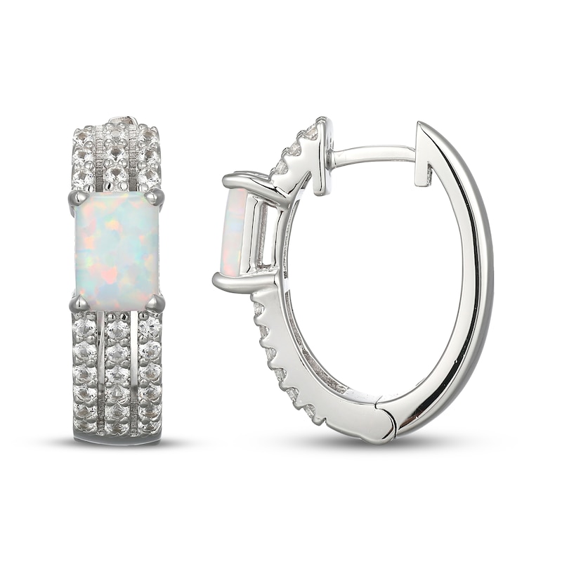 Main Image 3 of Emerald-Cut Lab-Created Opal & White Lab-Created Sapphire Huggie Hoop Earrings Sterling Silver