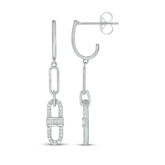 Baguette & Round-Cut Diamond Mariner Link J-Hoop Drop Earrings 1/4 ct tw Sterling Silver