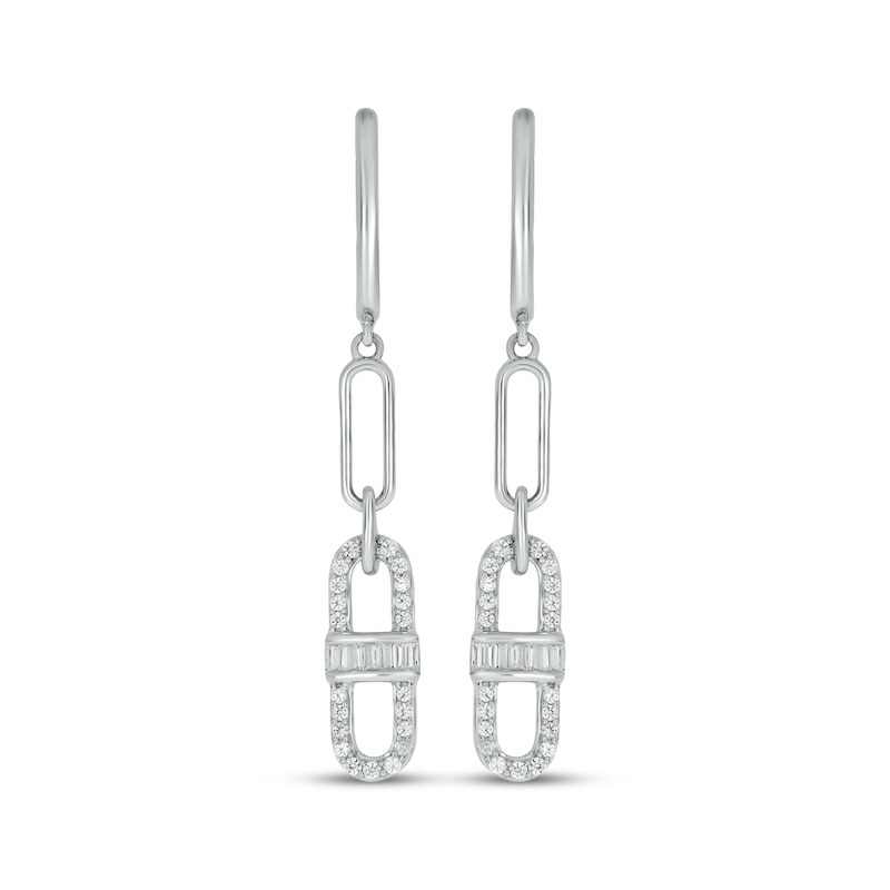Main Image 2 of Baguette & Round-Cut Diamond Mariner Link J-Hoop Drop Earrings 1/4 ct tw Sterling Silver