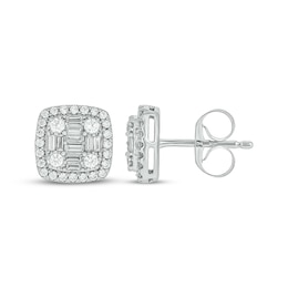 Baguette & Round-Cut Multi-Diamond Cushion Stud Earrings 1/2 ct tw 10K White Gold