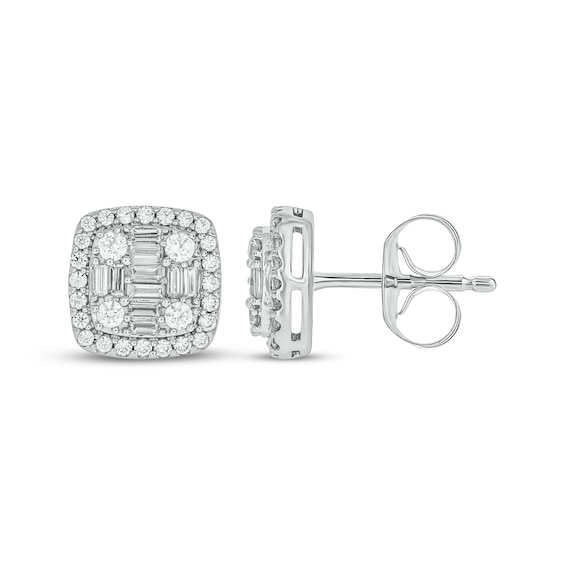 Baguette & Round-Cut Multi-Diamond Cushion Stud Earrings 1/2 ct tw 10K White Gold