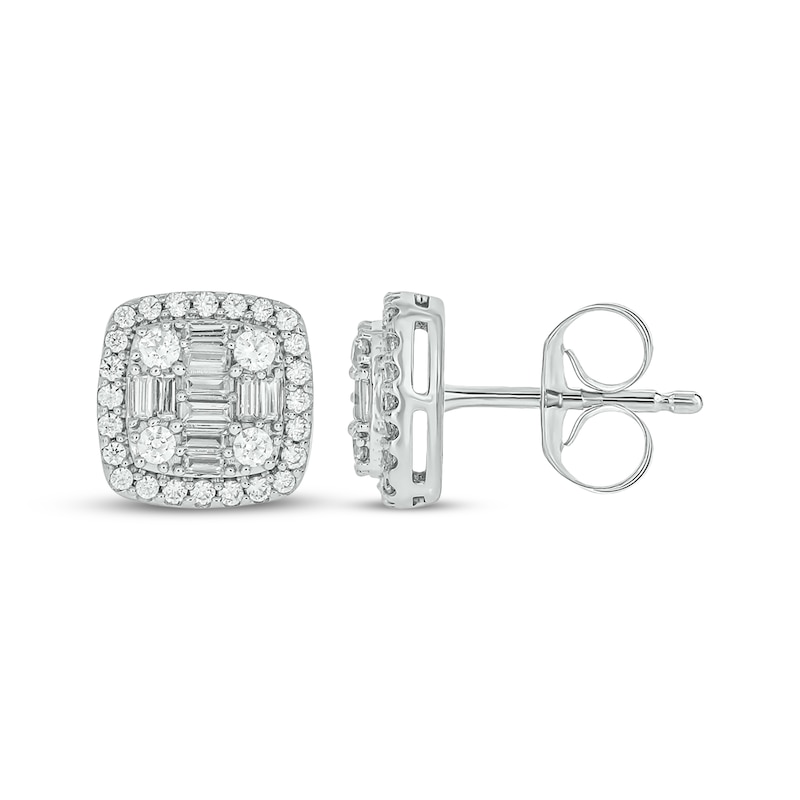 Main Image 1 of Baguette & Round-Cut Multi-Diamond Cushion Stud Earrings 1/2 ct tw 10K White Gold