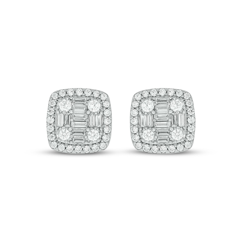 Main Image 2 of Baguette & Round-Cut Multi-Diamond Cushion Stud Earrings 1/2 ct tw 10K White Gold