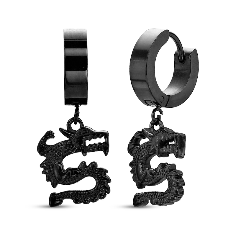 Main Image 1 of Men's Dragon Dangle Hoop Earrings Black Ion-Plated Stainless Steel