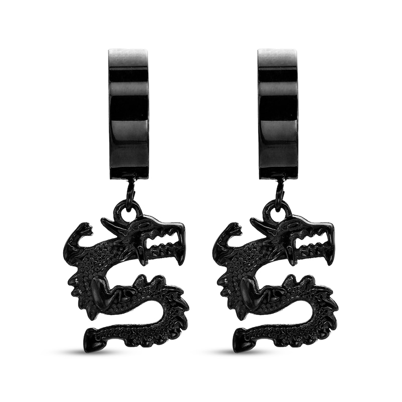 Main Image 2 of Men's Dragon Dangle Hoop Earrings Black Ion-Plated Stainless Steel