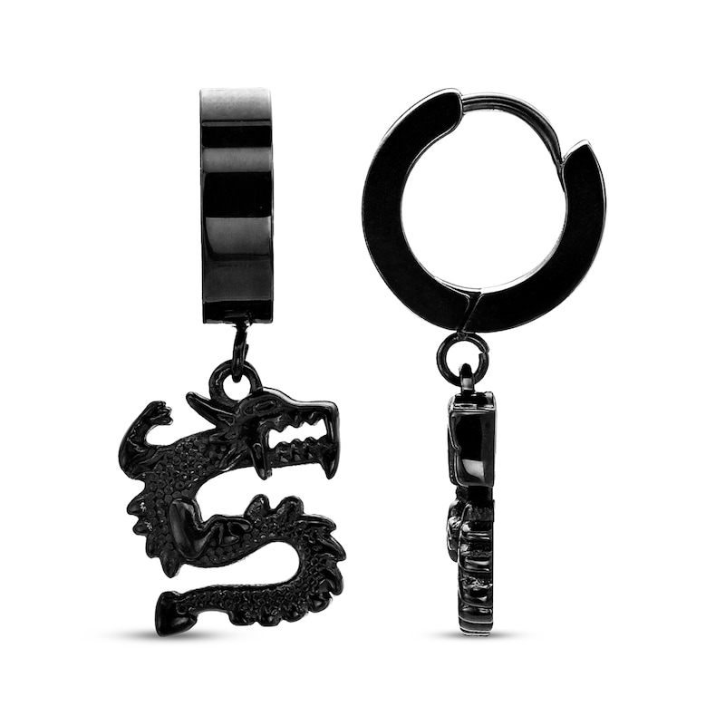 Main Image 3 of Men's Dragon Dangle Hoop Earrings Black Ion-Plated Stainless Steel
