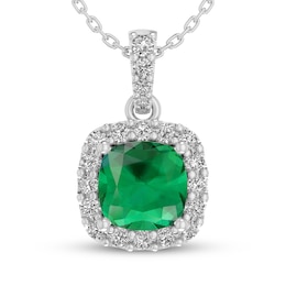 Cushion-Cut Lab-Created Emerald & White Lab-Created Sapphire Halo Necklace Sterling Silver 18"