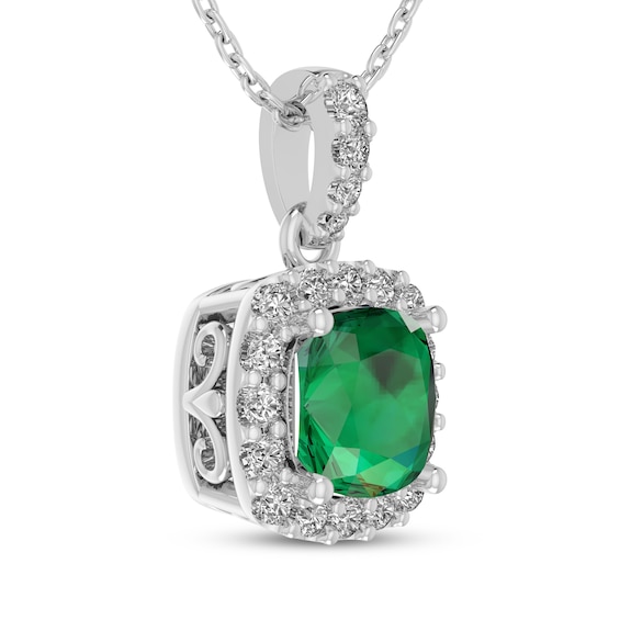 Thumbnail Image 2 of Cushion-Cut Lab-Created Emerald & White Lab-Created Sapphire Halo Necklace Sterling Silver 18"